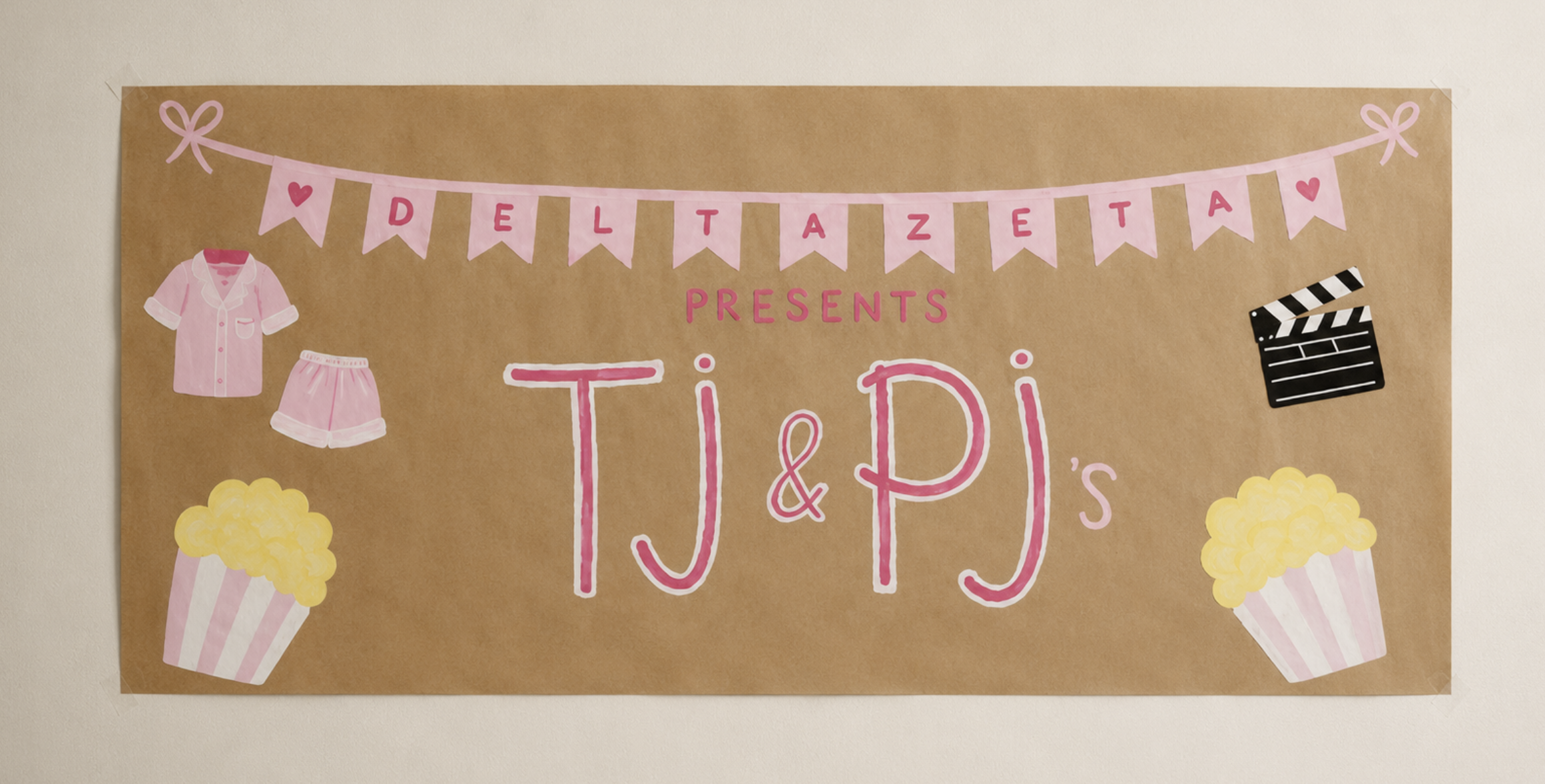 Hand-painted Delta Zeta TJ and PJs movie night banner with popcorn illustrations